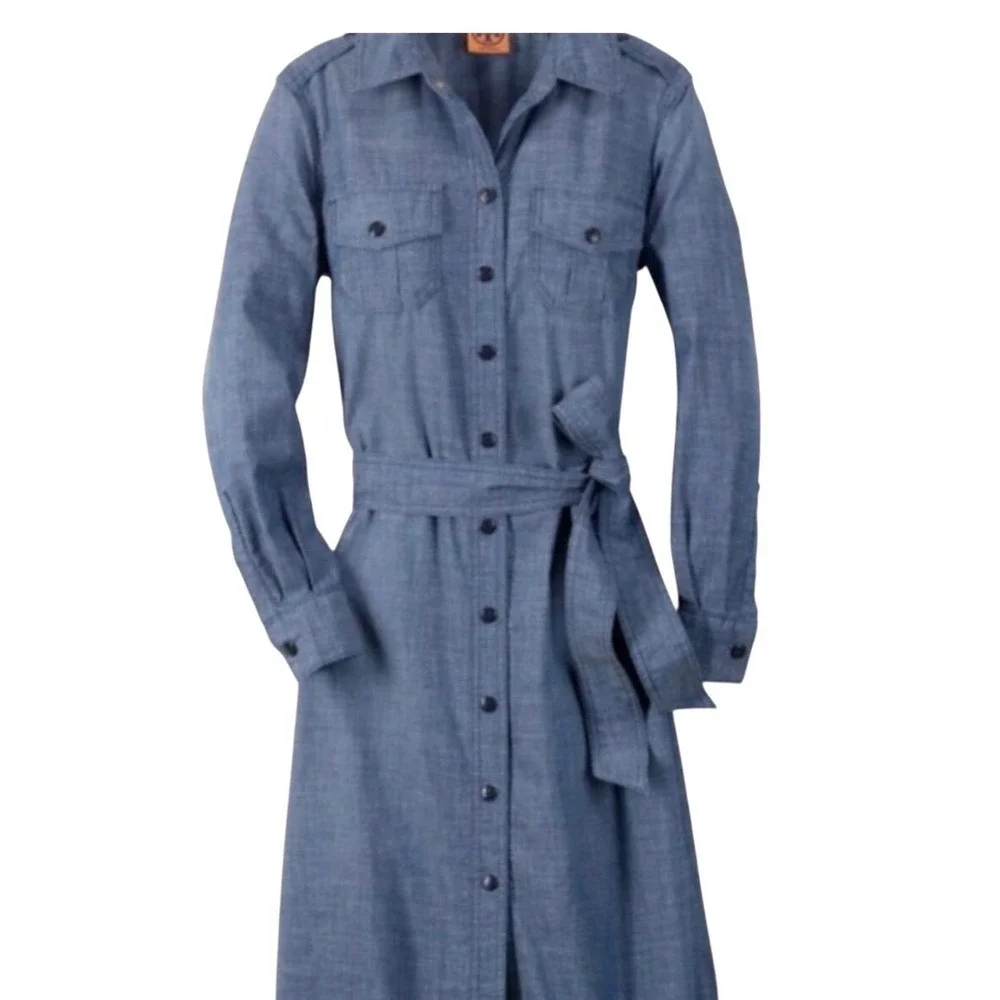 Tory Burch Chambray‎ Shirt Dress Size 2 Blue Belted Military Utility Long Sleeve